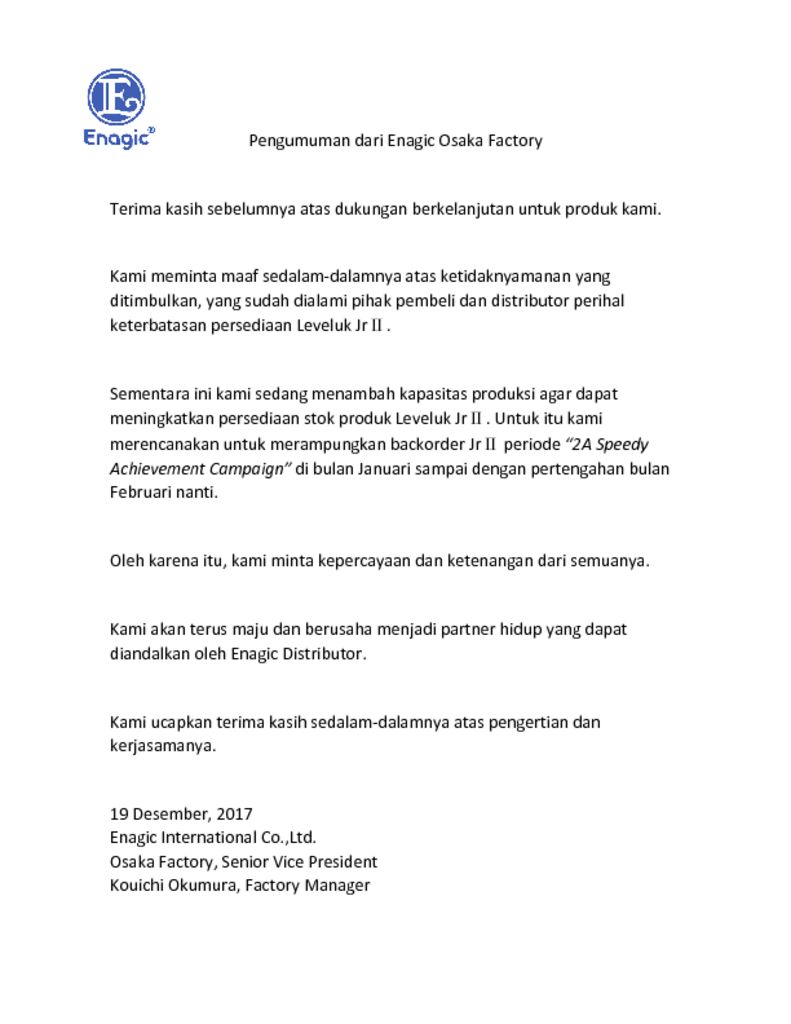 thumbnail of Announcement from Enagic Osaka Factory indonesian version